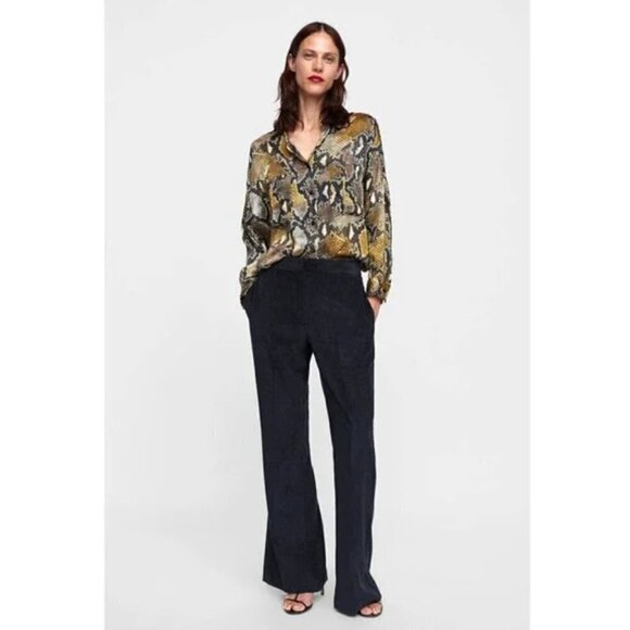Zara Brown & Yellow Snake Print Long Sleeve Button Down XS/S - Picture 1 of 5